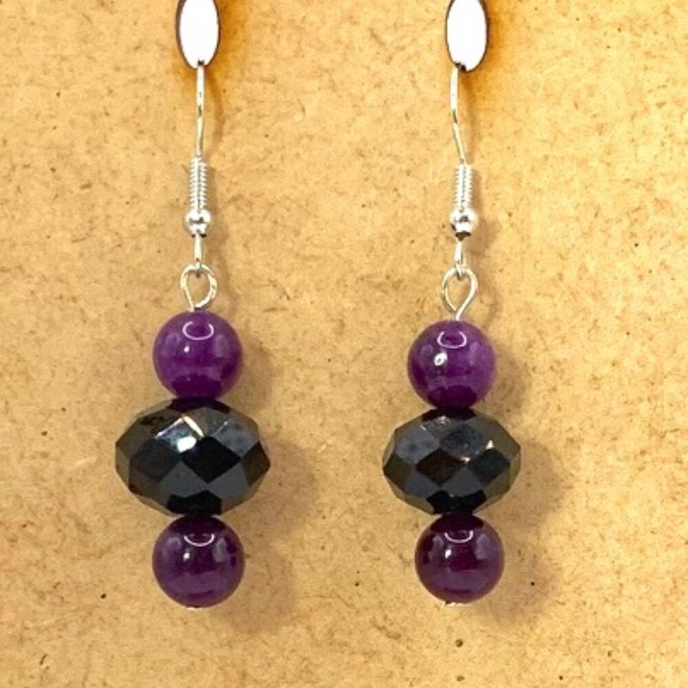Purple Amethyst & Black Glass Handmade Pierced Earrings Elegant LA103